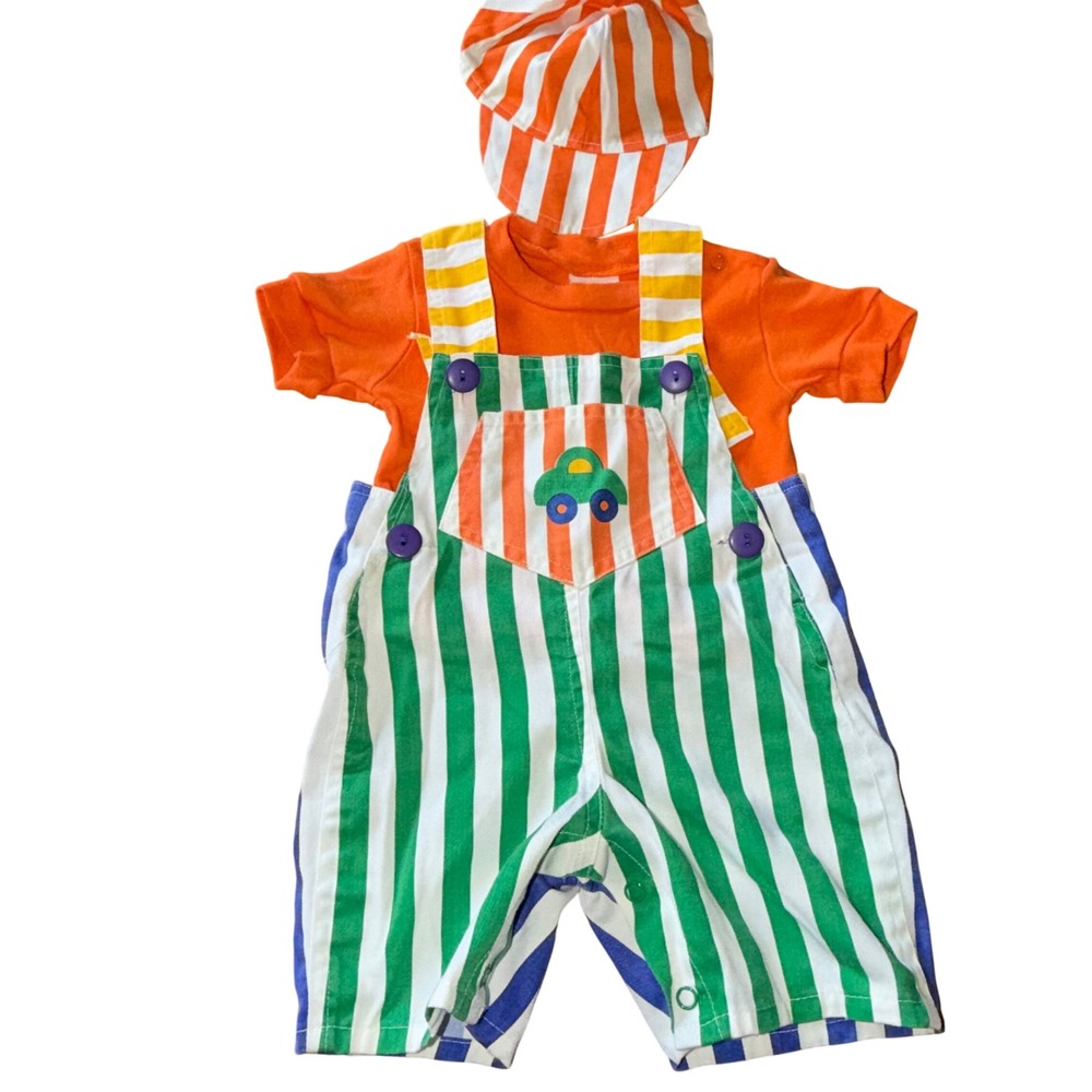 Vintage 90s Baby 3 Pc Set 0-6M Primary Colorful Striped Overalls Shirt Hat Car - Picture 8 of 8